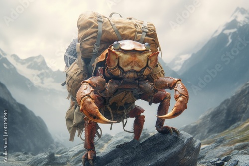 a crab dressed as a climber who conquers mountain