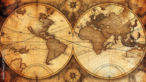 An aged world map featuring historic nautical details and artistry