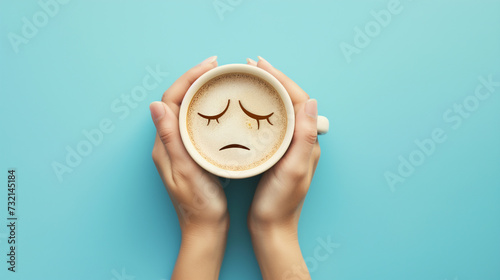 Uma mulher segurando uma caneca de café com um rosto triste 
