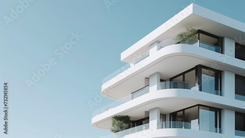 Minimalist white modern architecture with sweeping balconies and clean lines against a clear sky