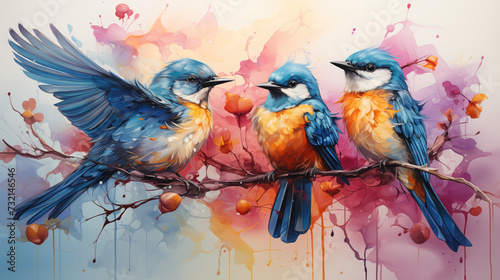 Illustration of beautiful blue-yellow birds sitting on a branch