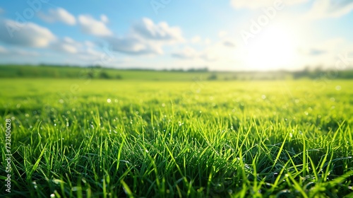 image of vast, lush green field under bright, clear sky. The grass is vibrant and well lit by the sunlight. In the background with minimal clouds offering an open and airy atmosphere Ai Generated