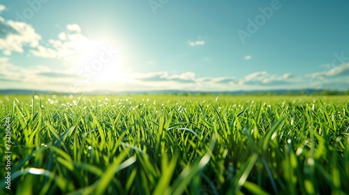 image of vast, lush green field under bright, clear sky. The grass is vibrant and well lit by the sunlight. In the background with minimal clouds offering an open and airy atmosphere Ai Generated