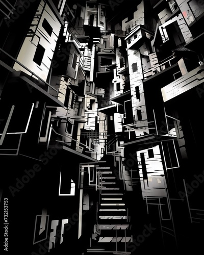 Black and white photograph of a stage set of a city in German expressionist style, high contrast chiaroscuro. From the series “Abstract Architecture," "Interiors."