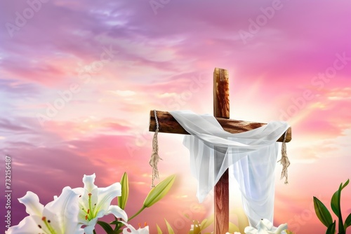 Easter cross, a wooden cross adorned with a white cloth and white lily flowers, set against serene pink sky, viewed from a low angle, conveying a sense of solemnity and spiritual reverence
