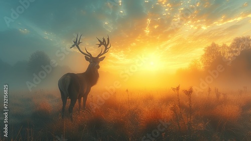 A crowned deer in a foggy meadow at dawn, symbolizing serenity and the pursuit of enduring health