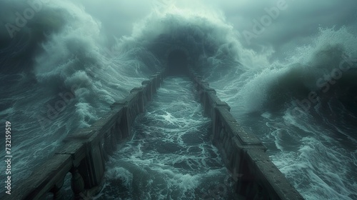 Abstract illustration of magic bridge with an open portal to another dimension. Mystical portal with a bridge in the middle of the ocean covered in matte painting.