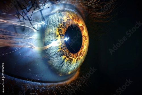 Human Cyborg AI Eye color discrimination. Eye glow optic nerve lens backdrop color vision. Visionary iris eye pain sight optic nerve inflammation eyelashes