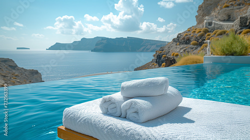 beach bed chair with towels looking out over the caldera by the swimming pool, Santorini Oia Greece