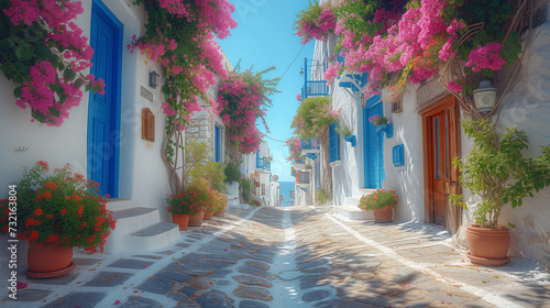 colorful Greek village with flowers in summer in Greece, houses in island city