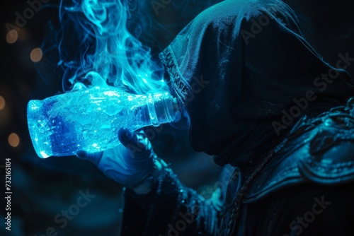 RPG character drinks mana potion from a glowing bottle