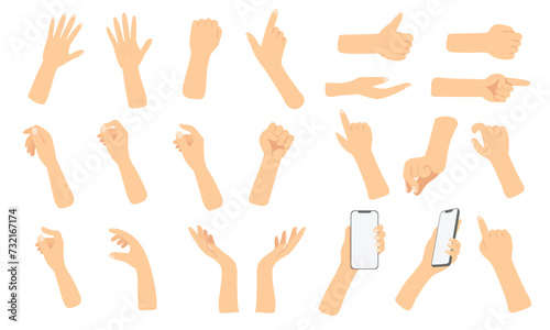 Hands pose, Hand holding mobile phone, palm pointing at something on white background. vector set in flat style isolated.