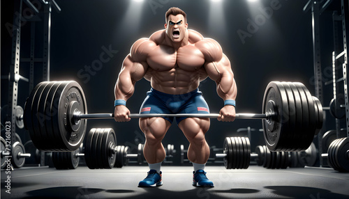 Cartoon-style 3D weightlifter lifting heavy weights with determination on a new backdrop