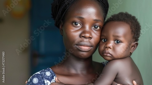A single mother with HIV carrying her infant child in her arms and worrying about their future.