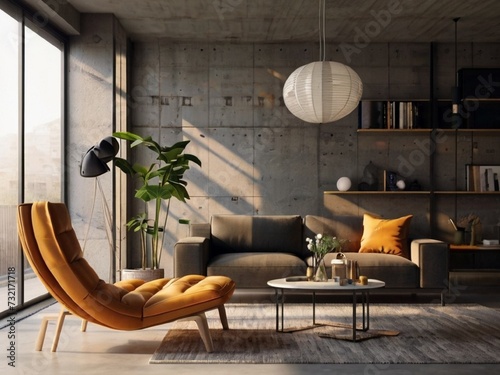 Modern interior design of a living room in an apartment, house, office, bright modern interior details and sun rays from the window against the background of concrete walls. 