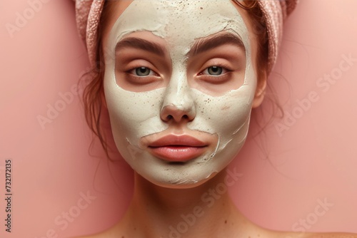 Skincare Model spa lifestyle model. Well groomed woman uses face cream, chlorophyll health, foam layers lip balm, lotion & eye patch. Skin care spa wellness package jar glowing skin tip pot