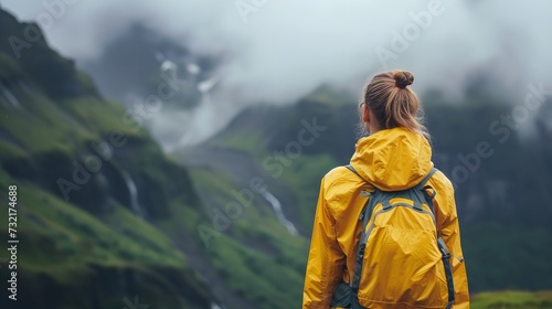 A woman hiking in rain with wearing rain coat with a empty space, Generative AI.
