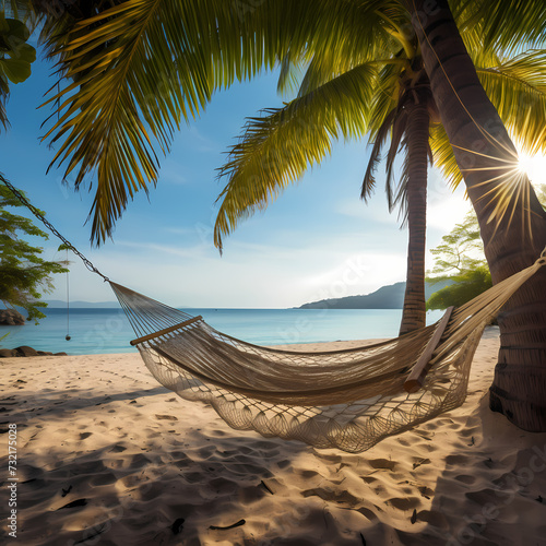 A tranquil beach scene with a hammock between palm trees