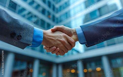 a photo of a professional handshake in front of a corporate building, symbolizing a successful deal