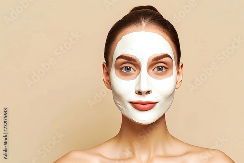 Face Mask Model beauty creator. Well groomed woman uses cosmetic packaging mockup, manual dispenser lip balm, lotion & eye patch. Face cream beauty package jar container pot