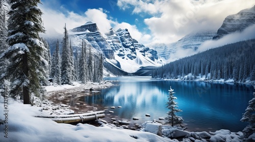 First snow Morning at Moraine Lake in Banff National Park Alberta Canada Snow-covered winter mountain lake in a winter atmosphere. copy space for text.