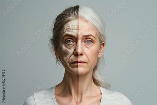 Aging aromatherapy. Comparison young to old woman acne and makeup. Less Wrinkles, sagging skin, chemical peel, lines through skincare, anti aging cream, skin lift and face lift