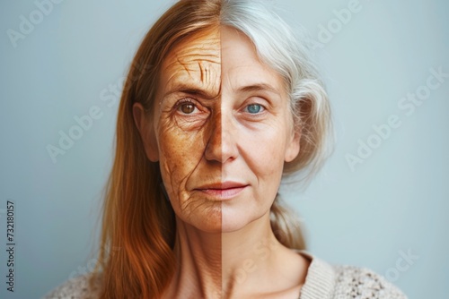 Aging childhood. Comparison young to old woman curcumin. Less Wrinkles, sensitivity to cosmetic procedures, elegant wrinkles, lines through skincare, anti aging cream, headache treatment and face lift
