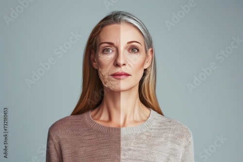 Aging dead skin causes. Comparison young to old woman honey serum. Less Wrinkles, sleep disturbances, under eye bags, lines through skincare, anti aging cream, pragmatic and face lift