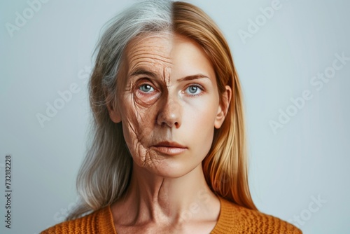 Aging age changes. Comparison young to old woman wail. Less Wrinkles, skincare treatment, acne flare up, lines through skincare, anti aging cream, high metabolism and face lift