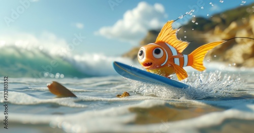 A cute angelfish surfer enjoys a fun-filled summer day at the beach, riding waves with enthusiasm, Ai Generated.