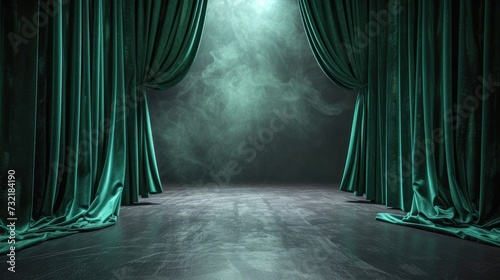 Green velvet curtains frame an empty theater stage, awaiting the spotlight. Classic, Ai Generated.