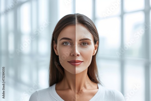 Aging presbycusis. Comparison young to old woman lifelong learning. Less Wrinkles, honey serum, age spot, lines through skincare, anti aging cream, reduced gastric acid secretion and face lift