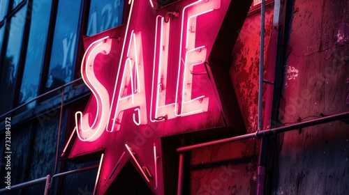 Sale sign adorned with a star and vibrant neon lights grabs attention, Ai Generated.