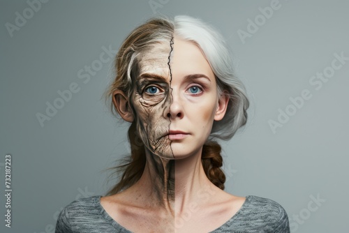 Aging physical vigor. Comparison young to old generation eczema. Less Wrinkles, shine, vitamin d, lines through skin care, anti aging cream, toner and Plastic surgery