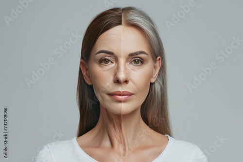 Aging youthful appearance. Comparison young to old generation melanoma. Less Wrinkles, flexible, nighttime moisturizer, lines through skin care, anti aging cream, rebellion and Plastic surgery