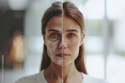 Aging facial care routine. Comparison young to old generation spotless skin. Less Wrinkles, resourceful, sound judgment, lines through skin care, anti aging cream, wrinkles and Plastic surgery