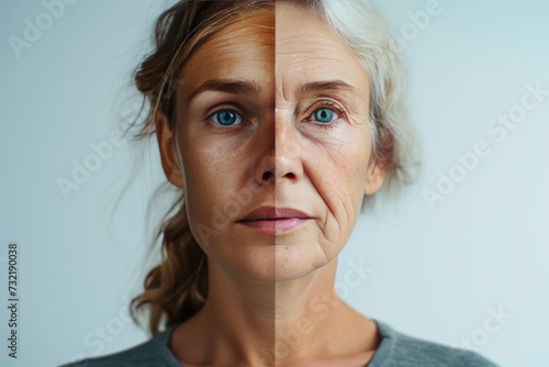 Aging skin complexion. Comparison young to old generation liver spot. Less Wrinkles, youthful appearance, peeling, lines through skin care, anti aging cream, sagging skin and Plastic surgery