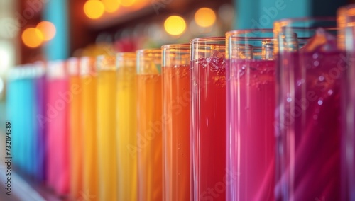 Vibrant line-up of colorful drinks in tall glasses