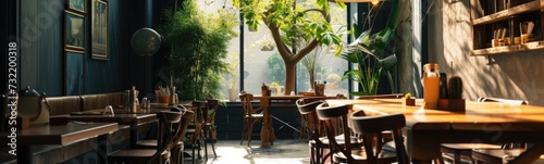Tables and chairs in a restaurant with a tree in the background