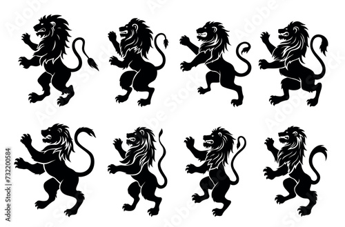 Heraldic lion royal black insignia mythology beast with mane and paws set vector flat illustration