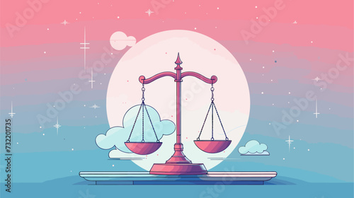 Vector illustration featuring a balanced scale of justice against a legal backdrop symbolizing the fair and impartial nature of the legal system. simple minimalist illustration creative