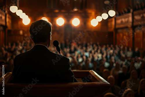 Speaker Delivering a Speech at a Podium to an Attentive Audience in a Grand Auditorium
