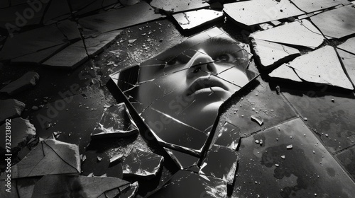 shattered mirror on the floor reflecting psycho man face mono tone