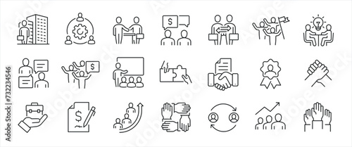 Corporate business minimal thin line icons. Related businessman, collaboration, communication, cooperation. Editable stroke. Vector illustration.