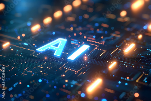 word AI - artificial intelligence circuit board with blue and orange glow, dedicated AI hardware concept