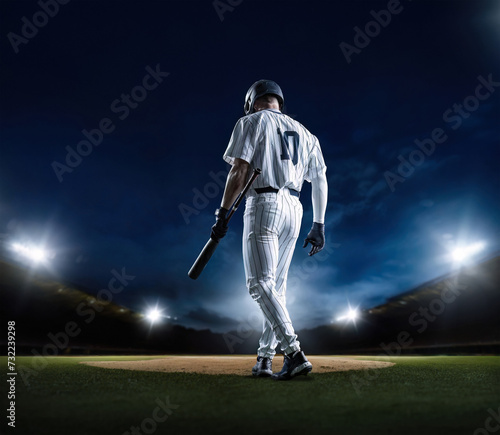 Baseball Batter walking up to home plate at a Baseball stadium ready to hit a home run during a baseball game at night under the stadium lights. Generic Baseball concept photo