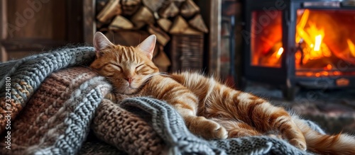 A Felidae carnivore, the cat is comfortably resting on a blanket by the fireplace, showcasing its small to medium-sized body, fawn-colored fur, and whiskers.