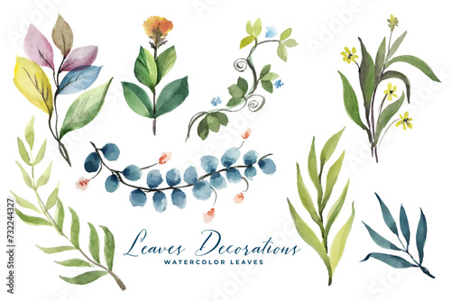 set of watercolor flowers and leaves background for greeting card decor