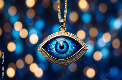 evil eye pendant on blue bokeh background