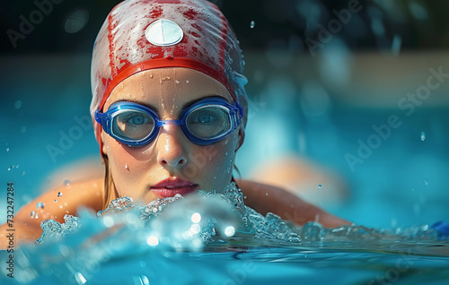 Focused swimmer in cap and goggles swimming freestyle in pool, water splashing.